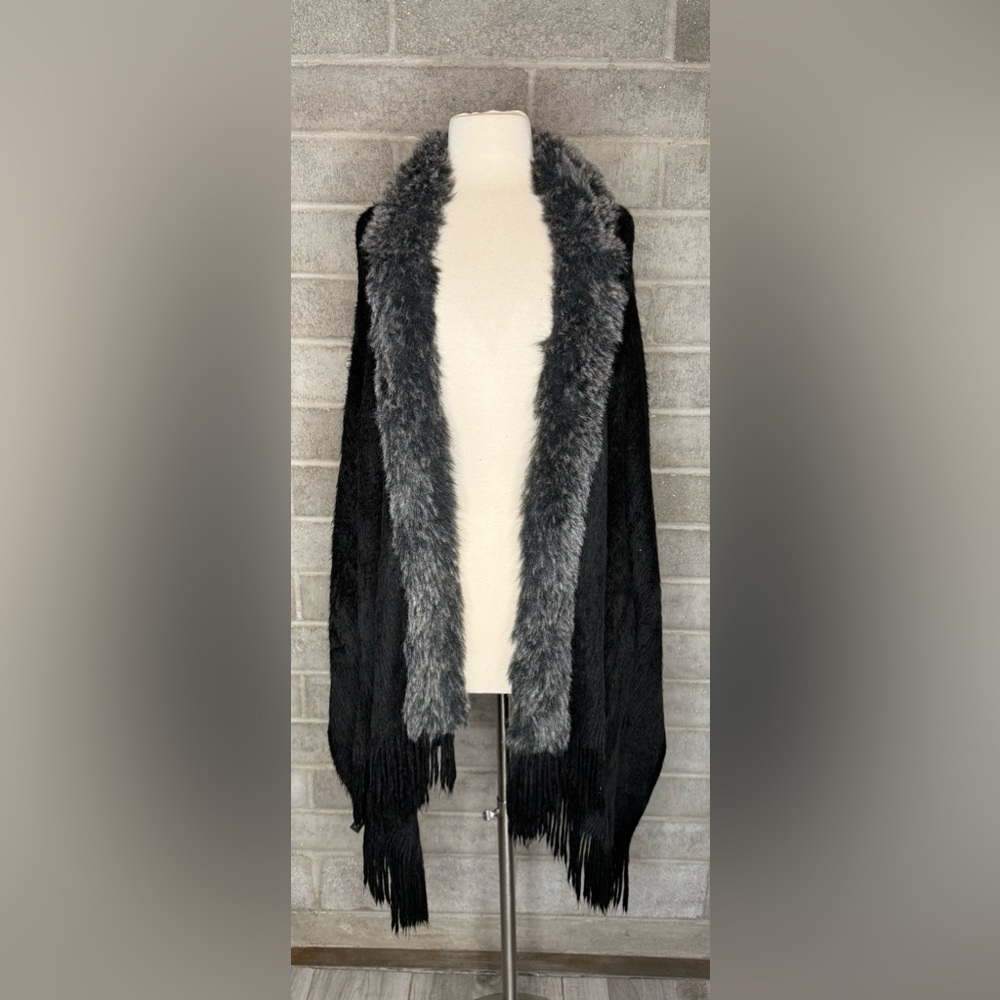 Bossani Black Faux Fur Cape Poncho w/ Gray Faux Fur Trim & Fringe